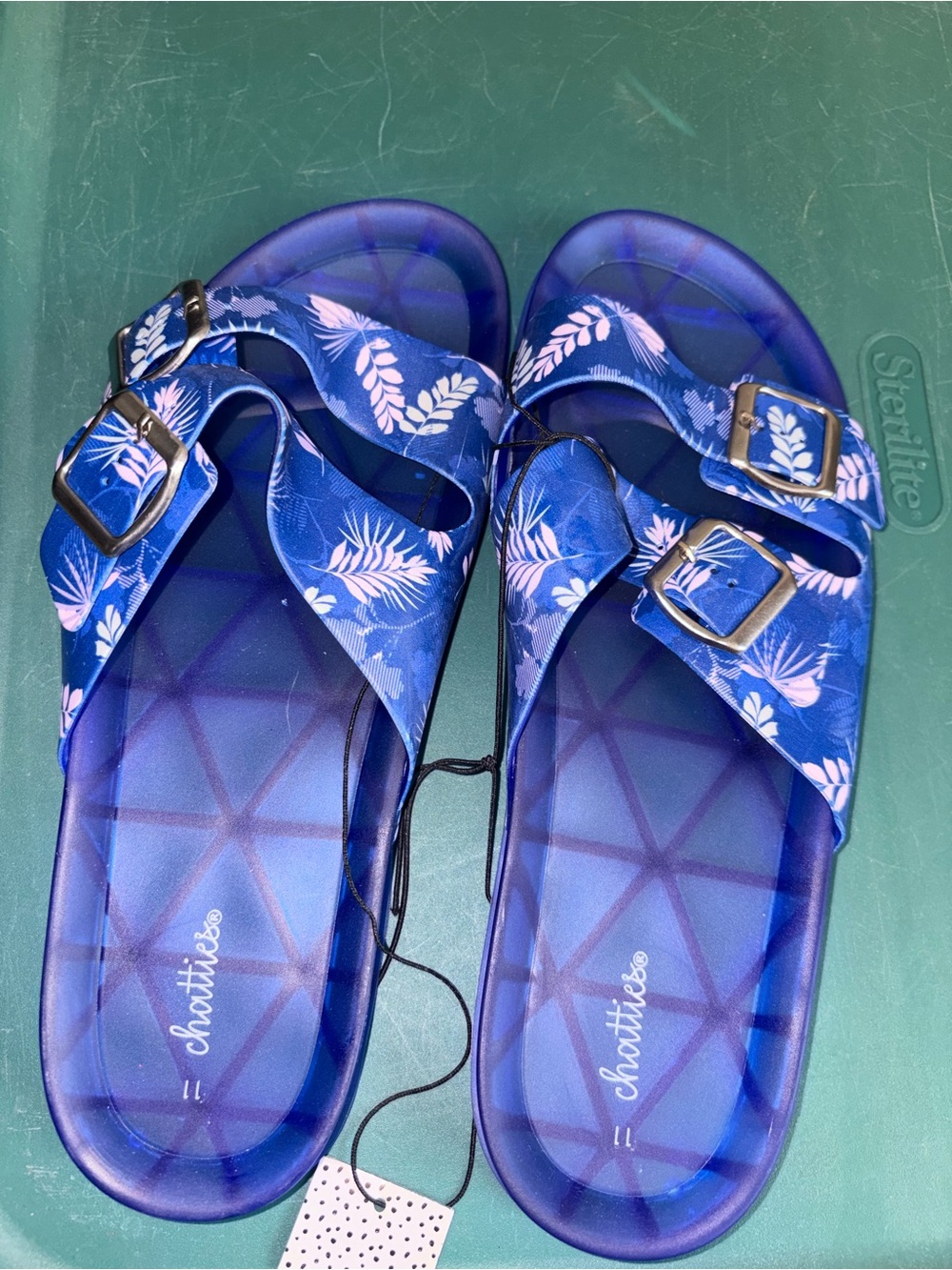 chatties Blue Leaf-Print Double Buckle Slide Sandals